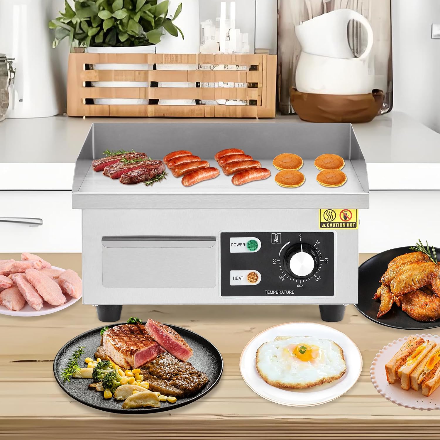 14' Stainless Steel Electric Griddle, 1500W Countertop Griddle with Non-Stick Adjustable Temperature Control 122°F-572°F, Electric Grill Perfect for Indoor Cooking, Camping