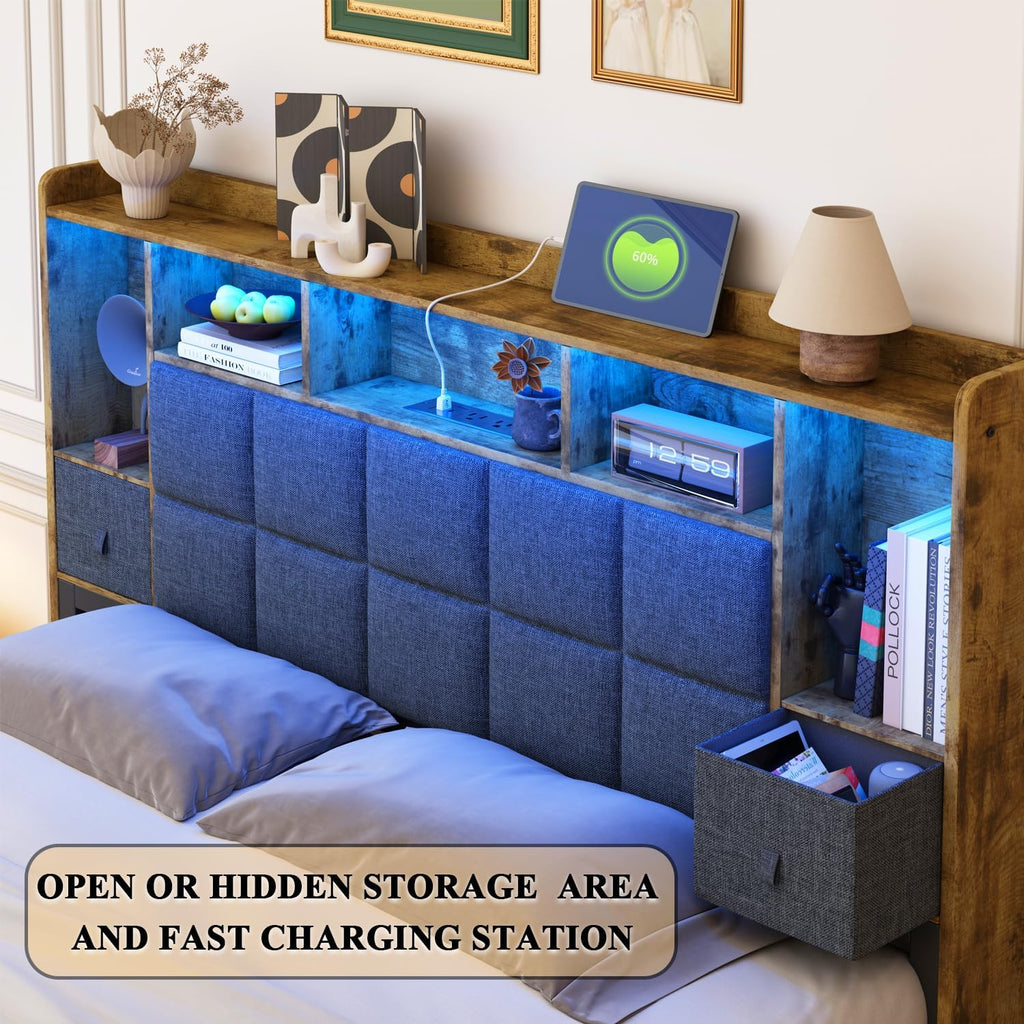 TIGUBFRE LED Bed Frame Queen Size with 2 Hidden Storage Drawers, Bookshelf Headboard, Upholstered Platform Metal Bed Frame with Charging Station, Metal Slats Support, Noise Free, No Box Spring Needed