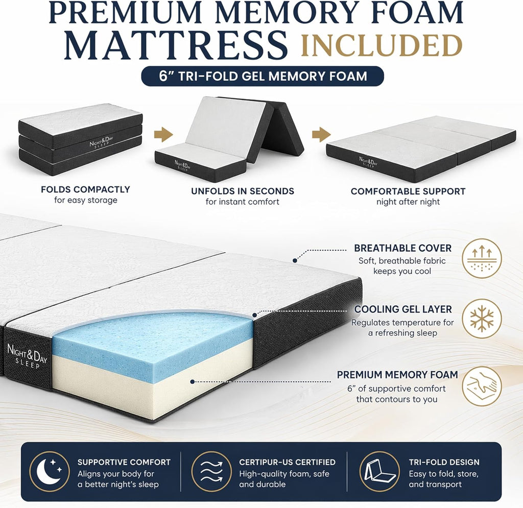 NIGHT & DAY Furniture Murphy Cube Cabinet Bed Queen – Fold-Out Space-Saving Guest Bed with Memory Foam Mattress – Provence Ivory Finish