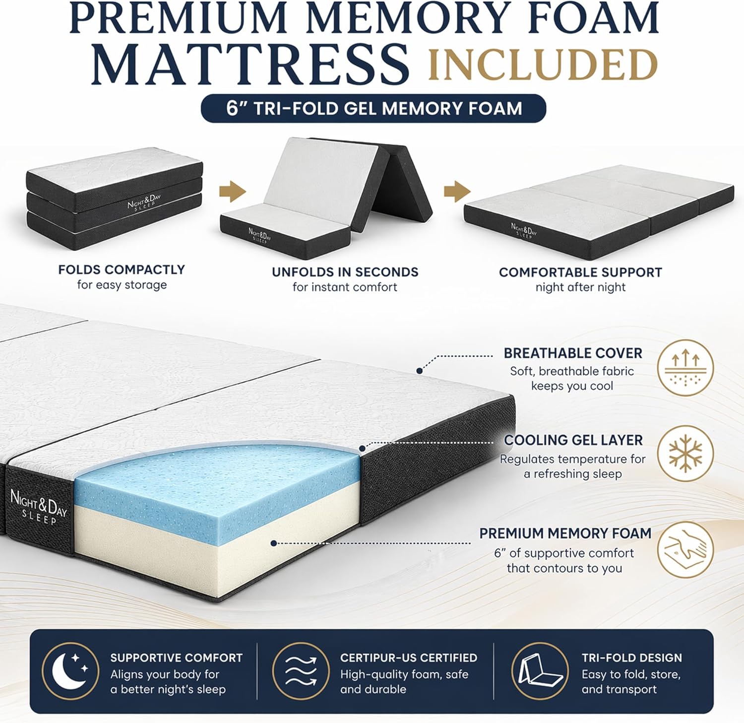 NIGHT & DAY Furniture Murphy Cube Cabinet Bed Queen – Fold-Out Space-Saving Guest Bed with Memory Foam Mattress – Provence Ivory Finish