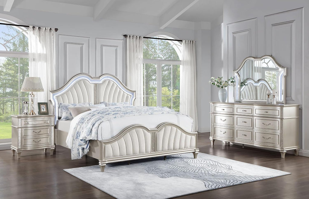Coaster Home Furnishings Evangeline Modern Classic 4-Piece Bedroom Set Chenille Upholstered Queen Size LED Panel Bed Frame 64-inch Headboard Silver Oak 223391Q-S4