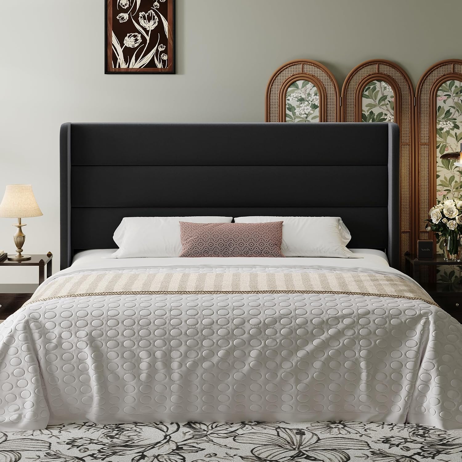 SHA CERLIN King Size Velvet Bed Frame with Wingback Headboard/Upholstered Platform Bed with Wooden Slats/Mattress Foundation/No Box Spring Needed/Easy Assembly/Black