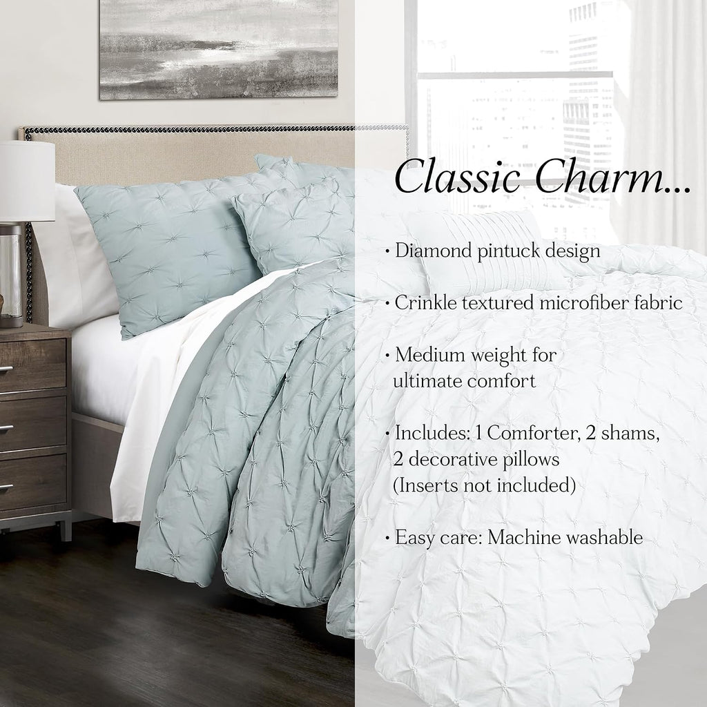 Lush Decor Ravello Pintuck Comforter Set - Luxe 5 Piece Textured Bedding Set - Traditional Glam & Farmhouse Inspired Bedroom Decor - King, Blue