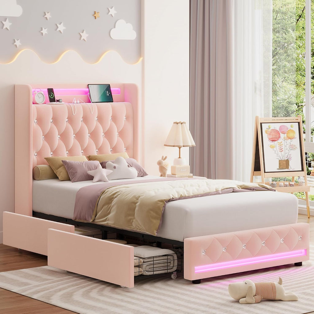 HIFIT Upholstered Twin LED Bed Frame with Charging Station Headboard & 2 Storage Drawers, Velvet Crystal Button-Tufted Princess Twin Size Platform Bed Frames for Kids/Girls, No Box Spring Needed, Pink