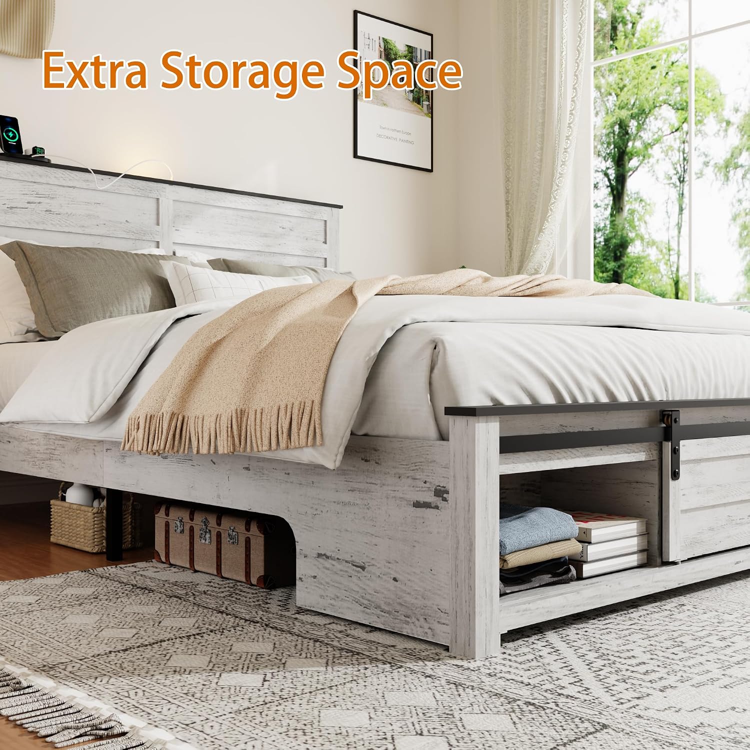 Wooden Queen Size Bed Frame with Headboard, Boho White Farmhouse Storage Bedframe with Sliding Barn Door Footboard and Charging Station, Wood Slats, No Box Spring Needed