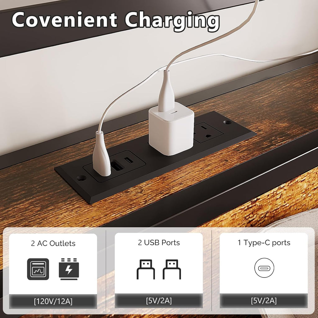 VINGLI Bed Frame Twin Size Set of 2with 4 Storage Drawers and Storage Headboard, Metal Platform with Charging Station and LED Lights, No Box Spring Needed, Easy Assembly, Vintage Brown