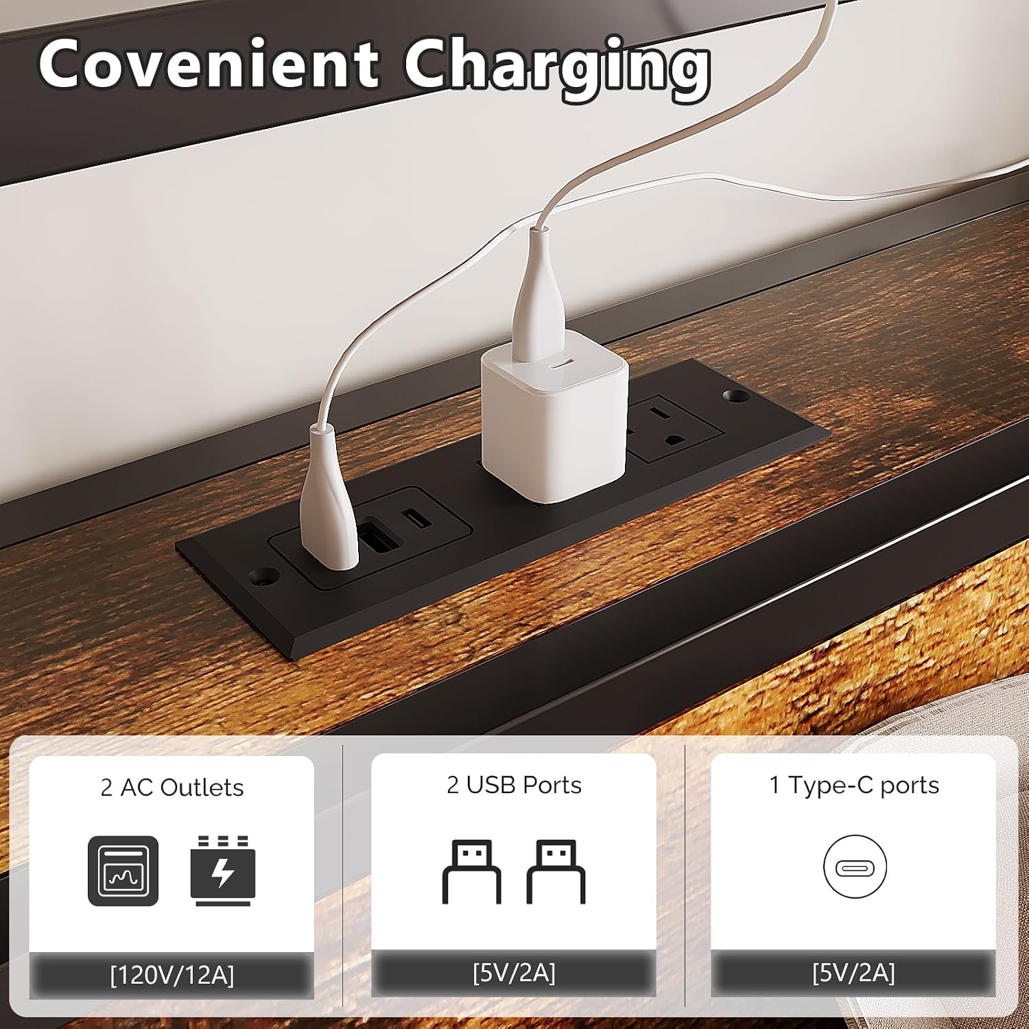 VINGLI Bed Frame Twin Size Set of 2with 4 Storage Drawers and Storage Headboard, Metal Platform with Charging Station and LED Lights, No Box Spring Needed, Easy Assembly, Vintage Brown