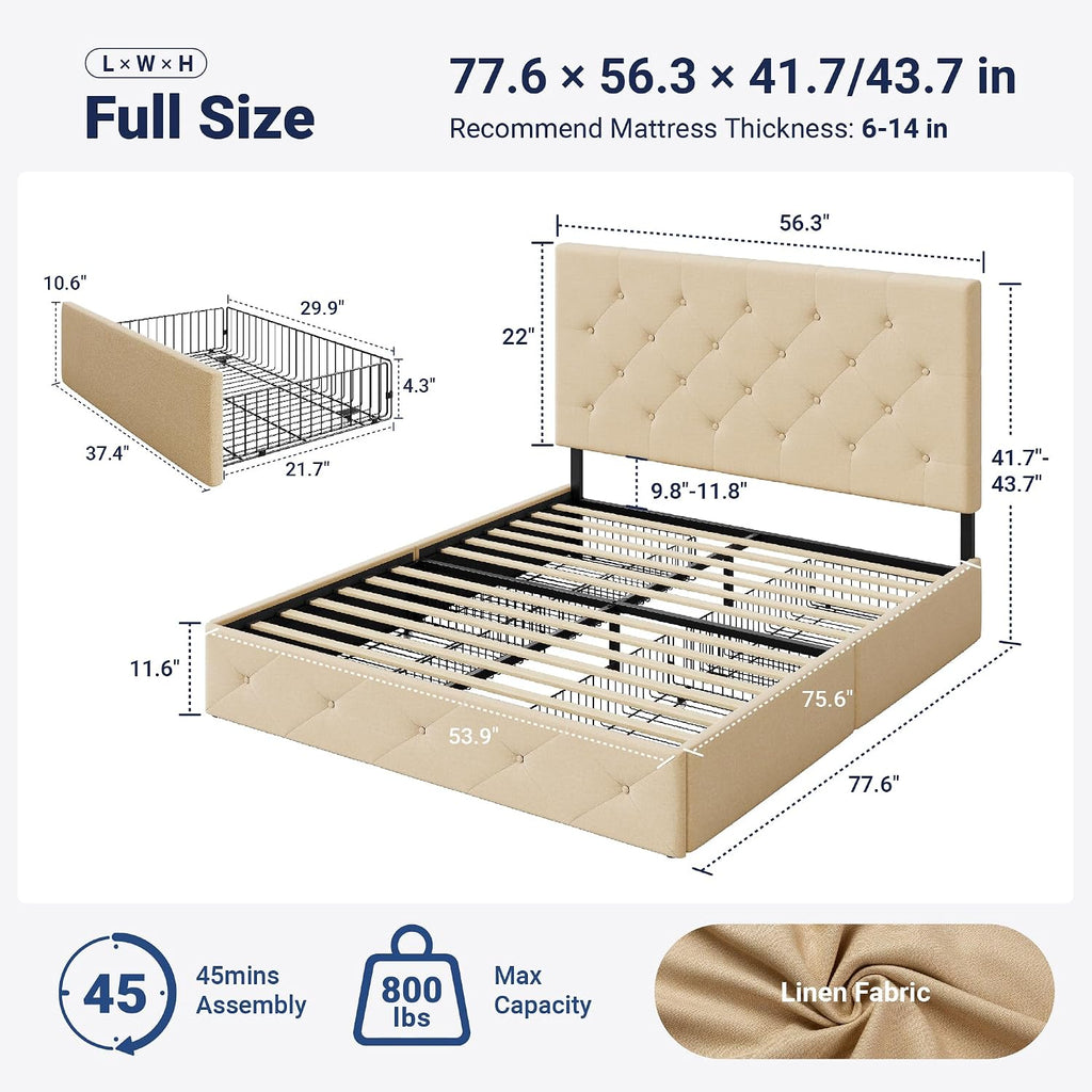 Allewie Upholstered Full Size Platform Bed Frame with 4 Storage Drawers and Headboard, Diamond Stitched Button Tufted, Mattress Foundation with Wooden Slats Support, No Box Spring Needed, Beige