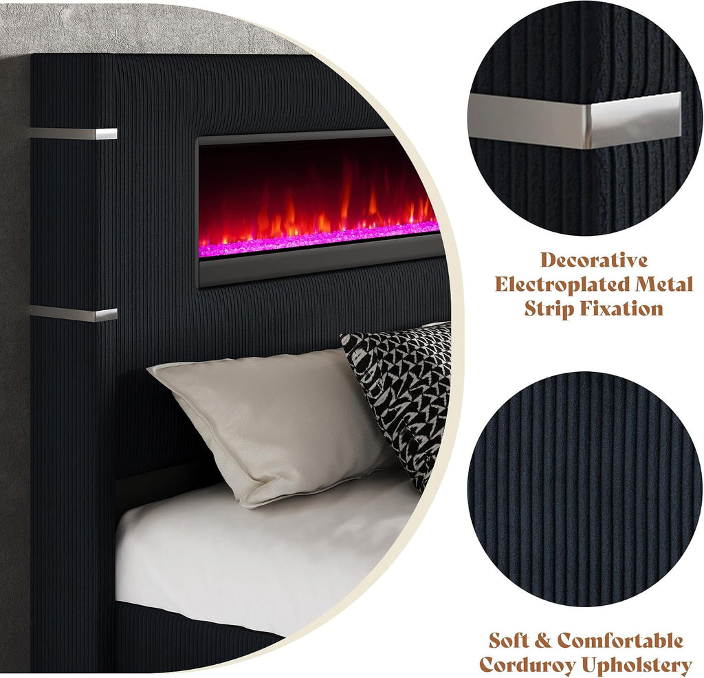 AMERLIFE Modern Queen Size Bed Frame with Fireplace, Corduroy Upholstered Bed Frame with 60.4' Extra Tall Wingback Headboard, Wingback Platform Bed Frame with Wooden Slats/No Box Spring Needed, Black