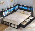 ADORNEVE Twin Corner Bed Frame with Storage Bookcase & LED Light Headboard, Charging Station, Metal Daybed with 3 Drawers & 2 Open Cubbies, for Small Bedrooms, Black