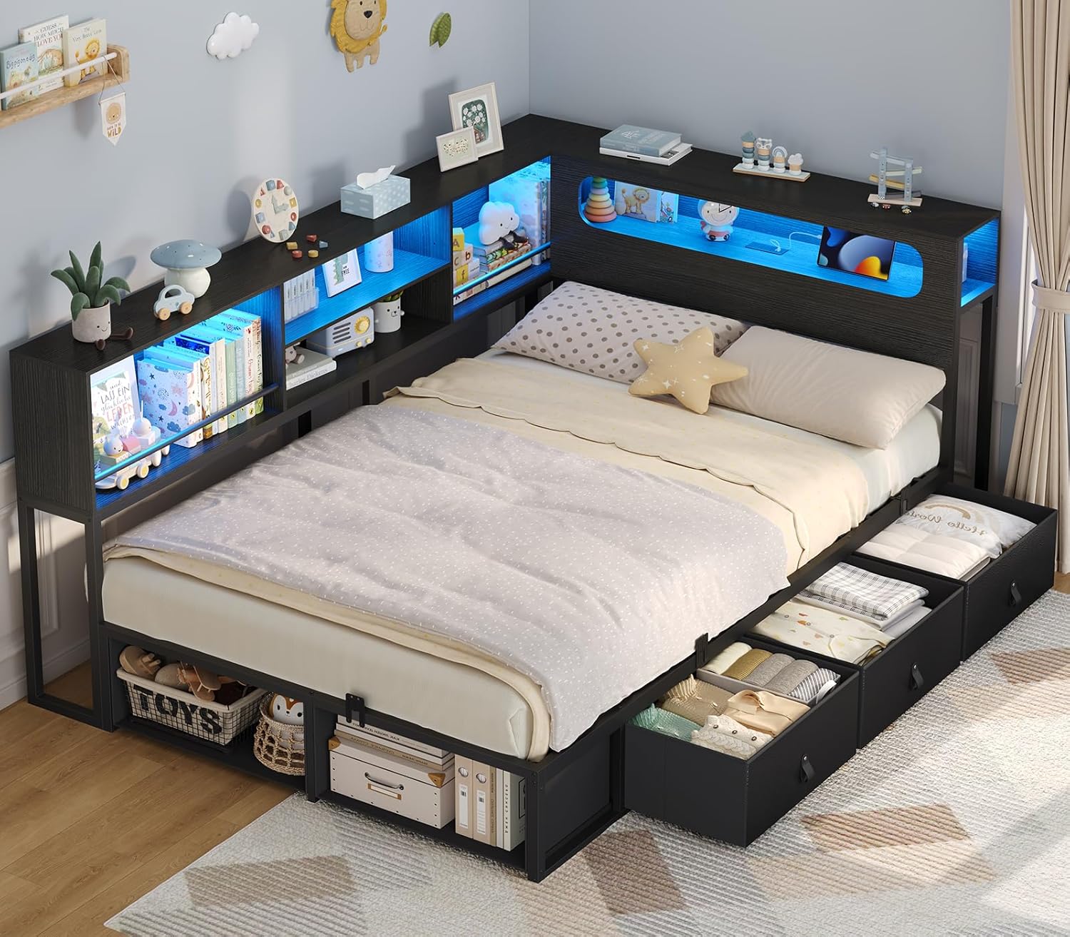 ADORNEVE Twin Corner Bed Frame with Storage Bookcase & LED Light Headboard, Charging Station, Metal Daybed with 3 Drawers & 2 Open Cubbies, for Small Bedrooms, Black