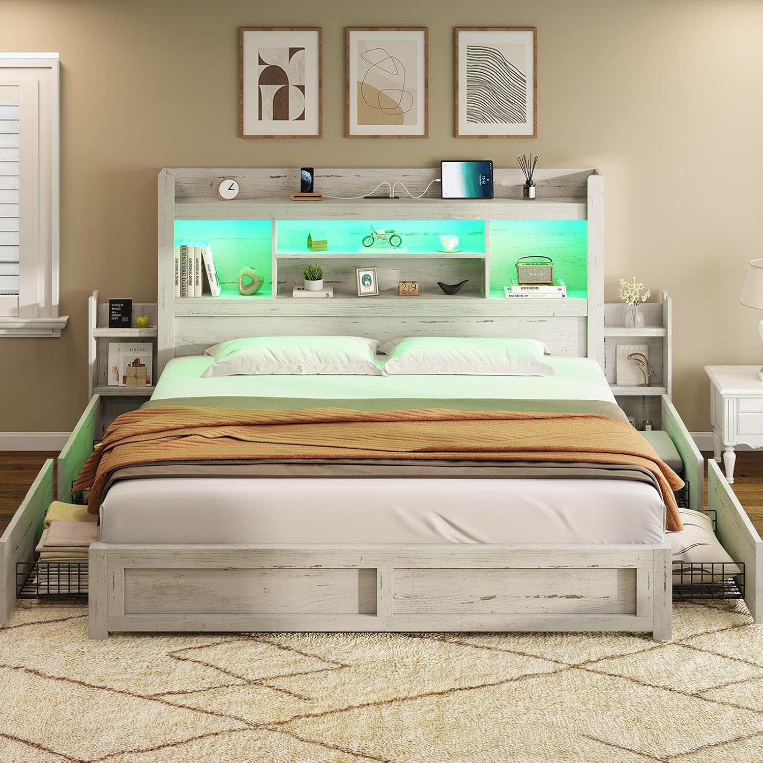 AMERLIFE King Bed Frame with 4 Storage Drawers, LED Bed Frame with 49.6' Tall Bookcase Headboard, Wood Platform Bed with 2 Slide Bedside Shelf & Charging Station, No Box Spring Needed/Distressed White