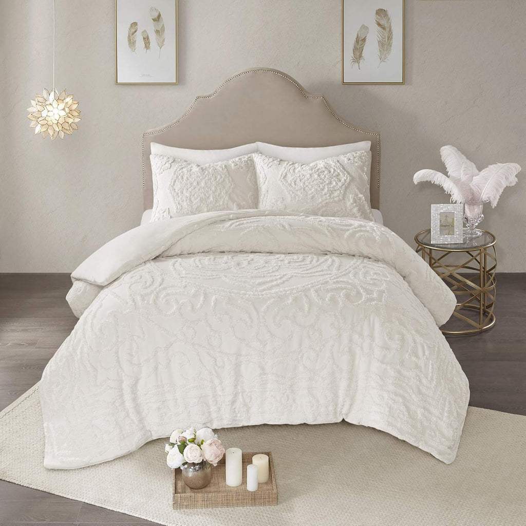 Madison Park Laetitia Comforter Bohemian Tufted Cotton Chenille, Medallion Shabby Chic All Season Down Alternative Bed Set with Matching Shams, Floral Off White King/Cal King(104'x92') 3 Piece