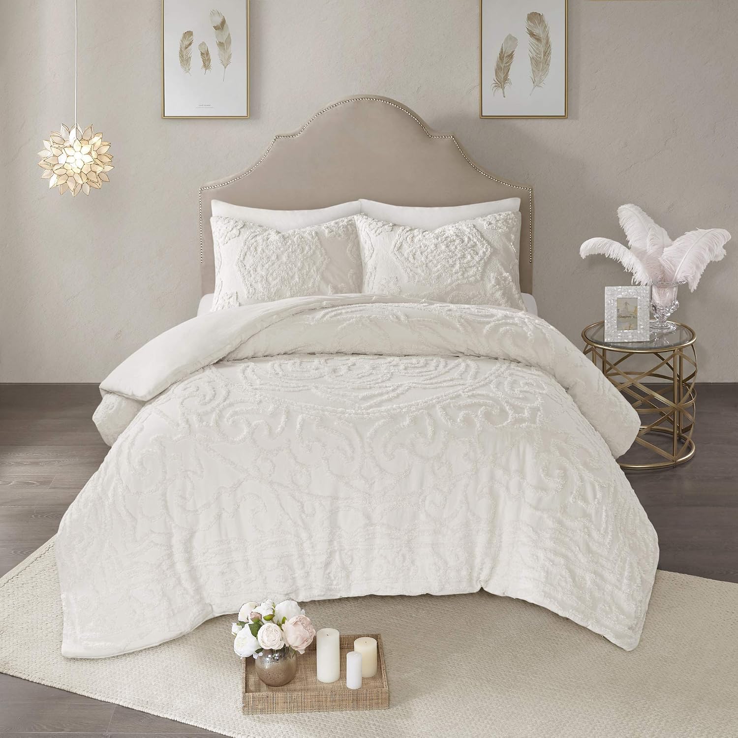 Madison Park Laetitia Comforter Bohemian Tufted Cotton Chenille, Medallion Shabby Chic All Season Down Alternative Bed Set with Matching Shams, Floral Off White King/Cal King(104'x92') 3 Piece