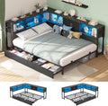 Hasuit Full Corner Bed Frame with Storage Drawers and Bookcase Headboard, Full Size Metal Platform Corner Bed Frame with Charging Station and LED Lights, Full Daybed for Kids Teens Guests, Black