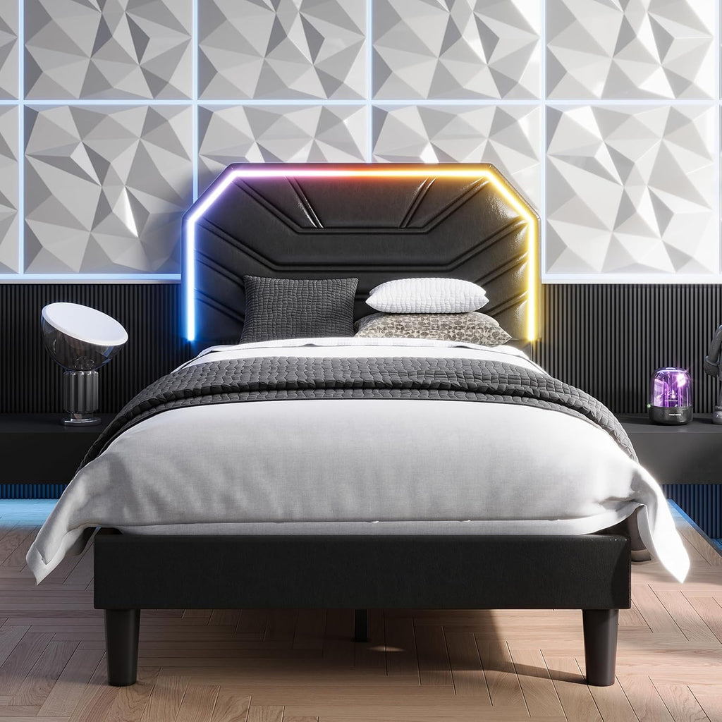LIKIMIO Twin Bed Frames with LED Light Headboard, Upholstered Modern Cama Twin Platform Bed Frame with Heavy Duty Supports, No Box Spring Need, Noise Free, Easy Assembly, Black