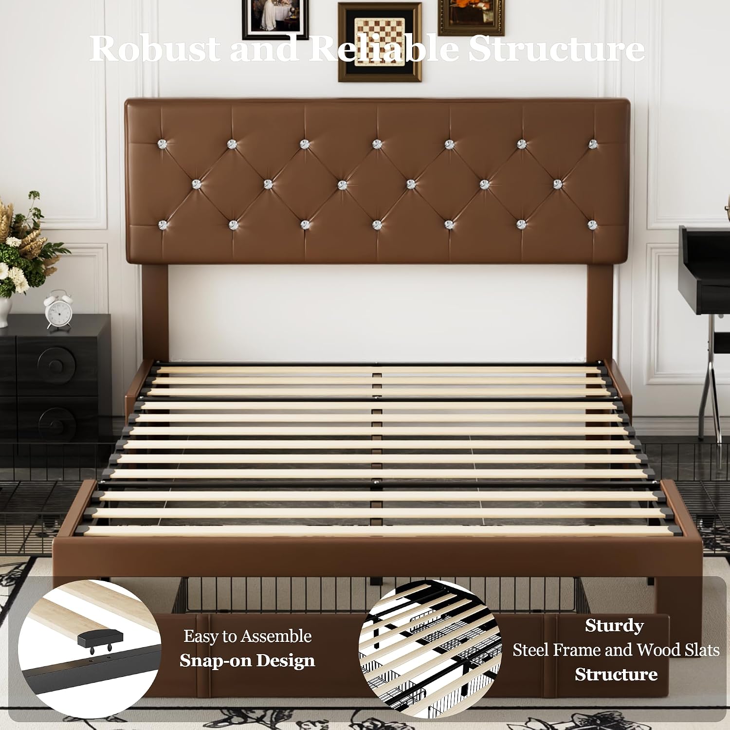 VECELO Full Size Bed Frame with 3 Storage Drawers, Leather Upholstered with Diamond Tufted Headboard, Solid Wood Slat Support & Steel Framework, PU & Brown