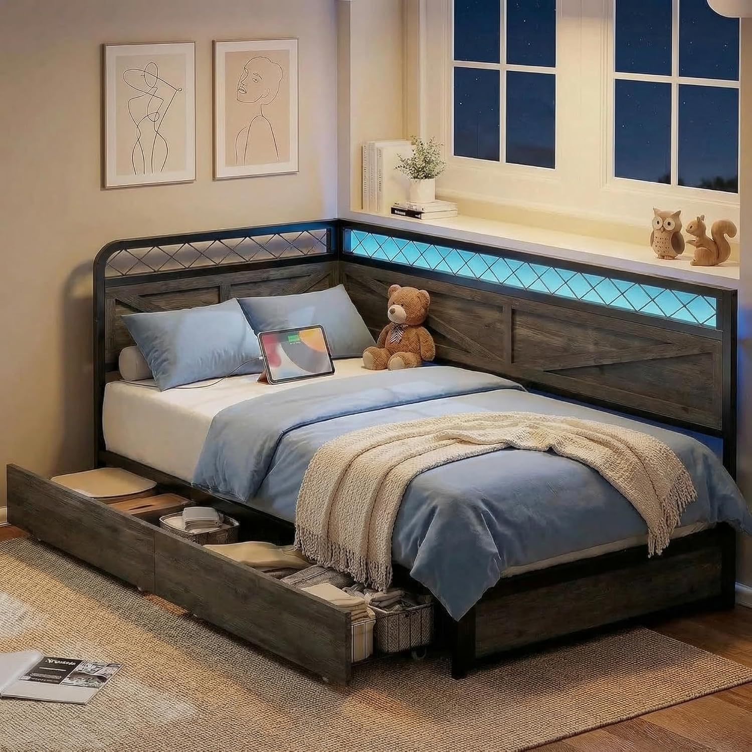 ANCTOR Twin Corner Bed Frame with Storage Drawers, Daybed with LED Lights and Charging Station, No Box Spring Needed, Heavy Duty, Easy Assembly for Living Room, Bedroom and Guest Room, Grey