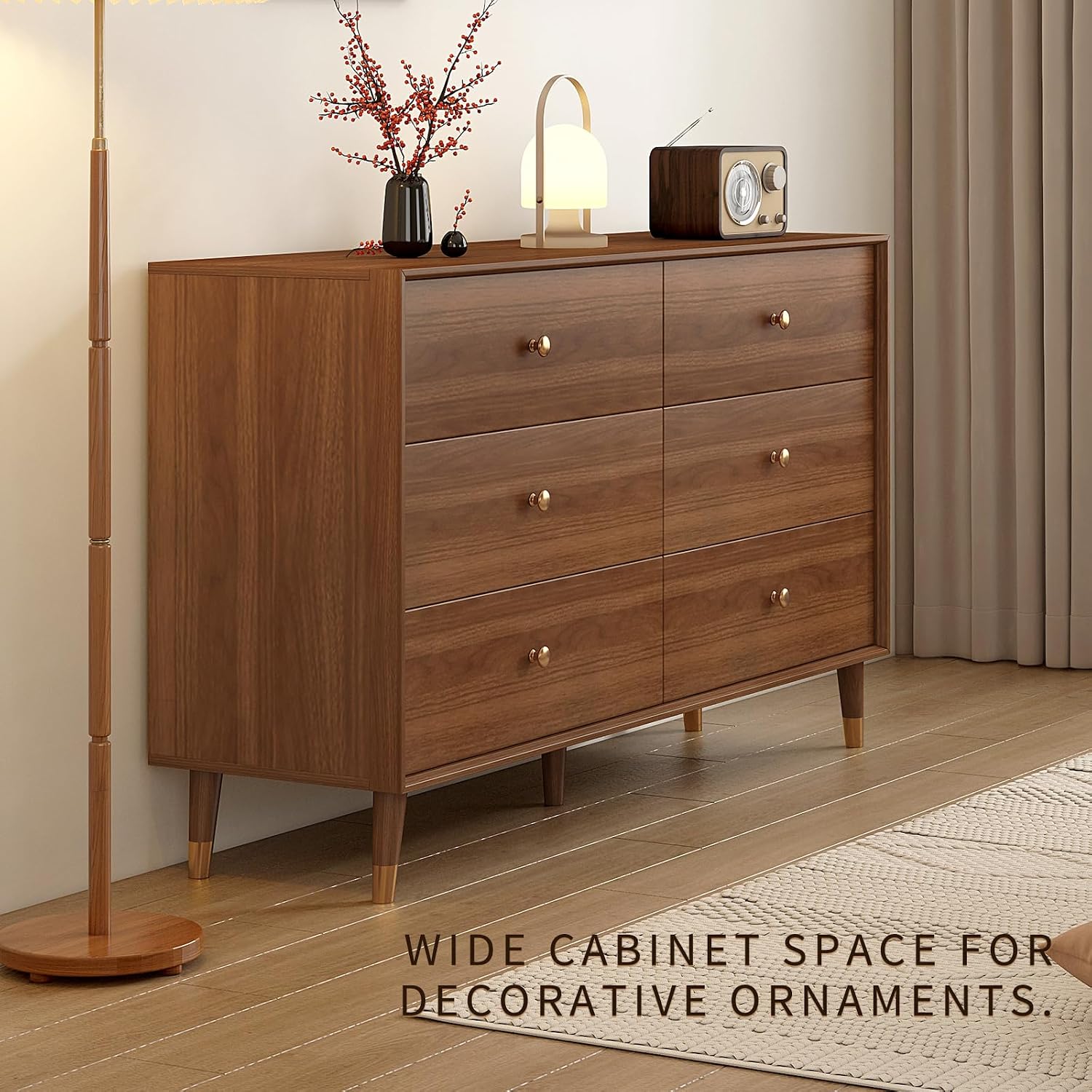 Messenya 6 Drawer Dresser for Bedroom, 47 Inch Walnut Dresser for Closet, Mid Century Wood Chest of Drawers with Natural Texture & Pre-Embedded Slots for TV Stand, Living Room, Hallway, Office