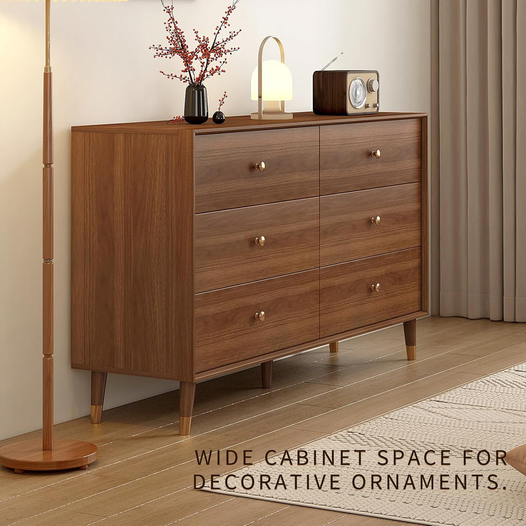 6 Drawer Dresser For Bedroom, 2 PCS 47 Inch Dresser for Closet with Walnut Frame, Modern Wood Chest of Drawers with Natural Texture & Pre-Embedded Slots For TV Stand, Living Room, Hallway, Office