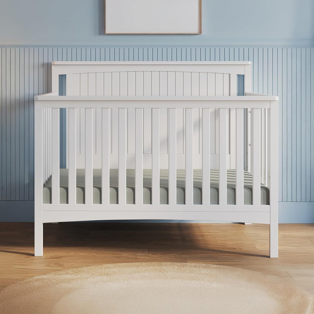 Child Craft Scout 4-in-1 Convertible Baby Crib Nursery Furniture Set - Baby Bed, Dresser with Changing Table Topper, Glider Chair, and Toy Box for Babies, Toddlers and Kids (4 Piece - Matte White)