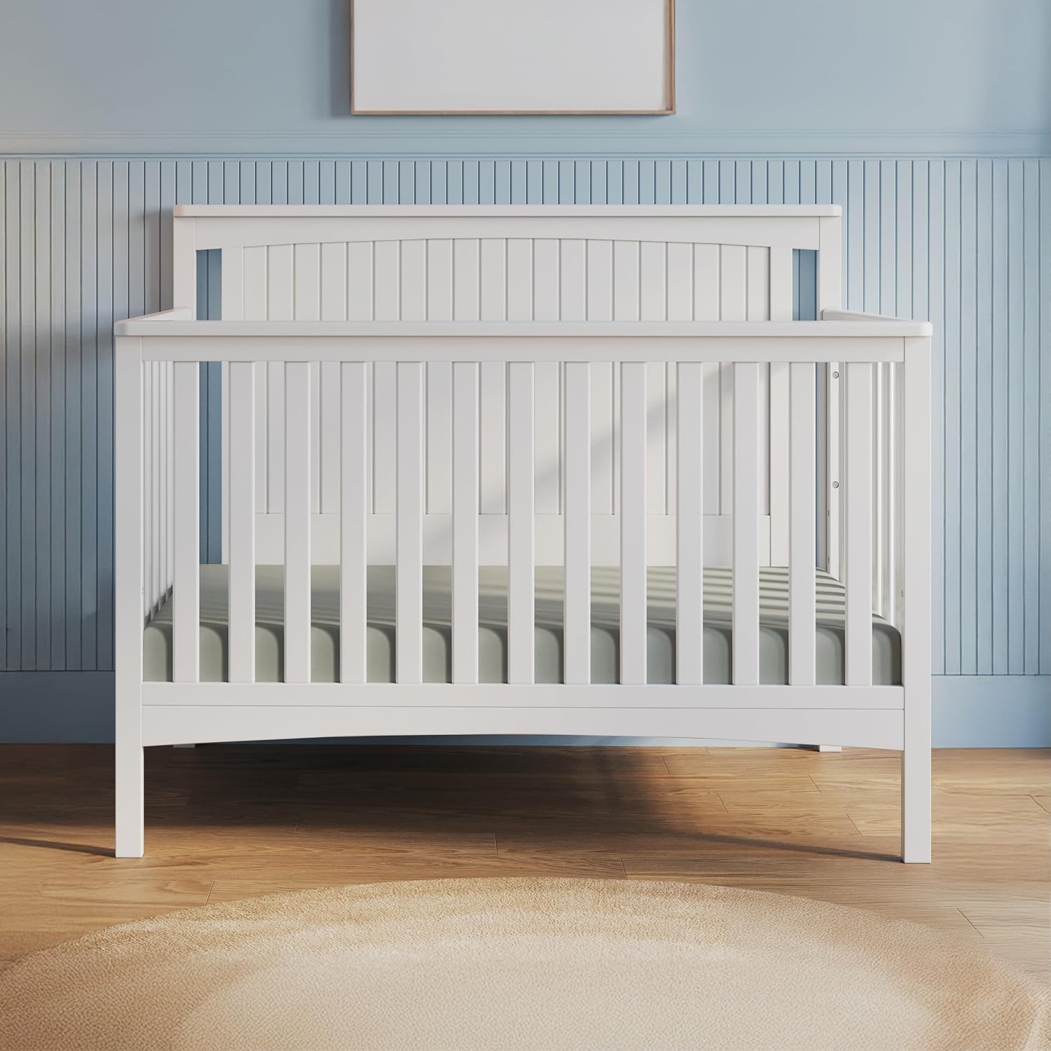 Child Craft Scout 4-in-1 Convertible Baby Crib Nursery Furniture Set - Baby Bed, Dresser with Changing Table Topper, Glider Chair, and Toy Box for Babies, Toddlers and Kids (4 Piece - Matte White)