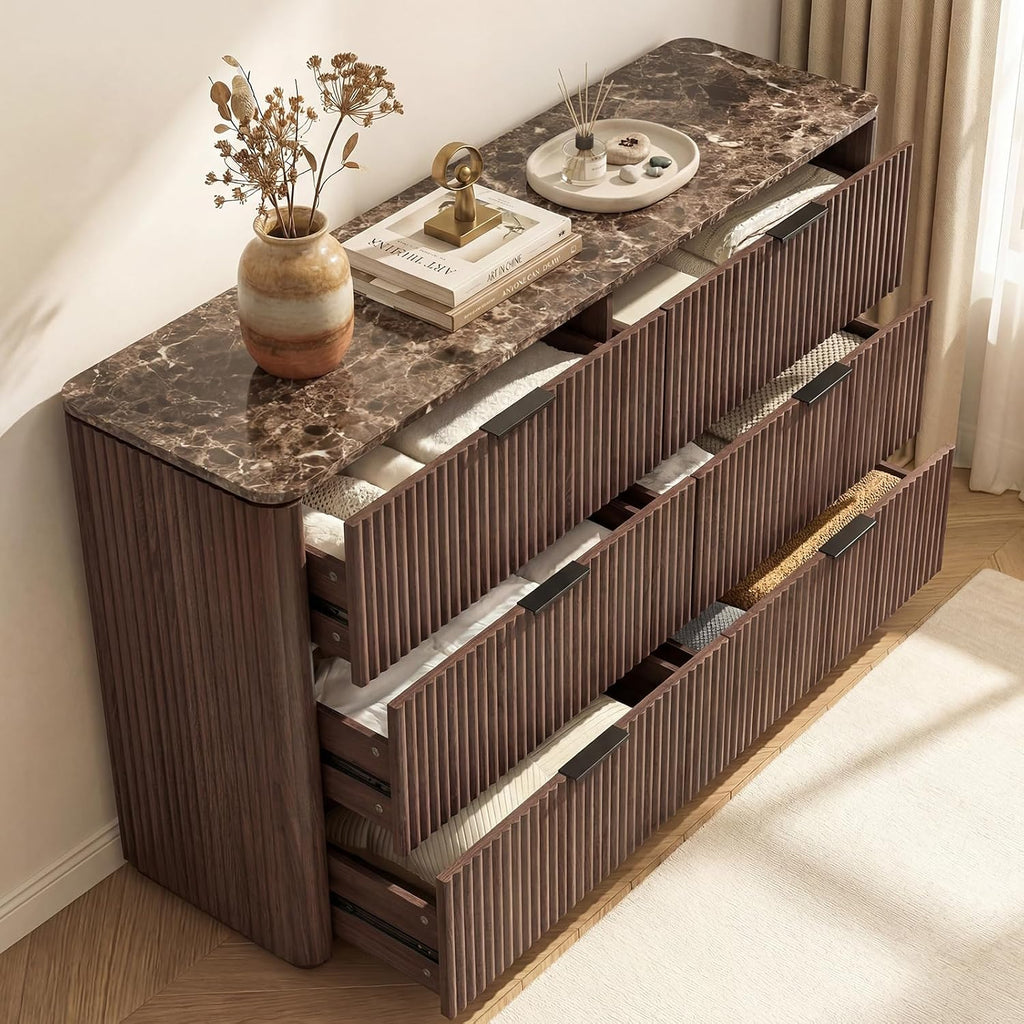 Dresser for Bedroom with 6 Drawers, 54'W Chest of Drawers, Fluted Dresser with Faux Marble Top, Curved Profile Design, Metal Handle, Wood Closet Storage Organizer for Living Room, Hallway, Dark Oak