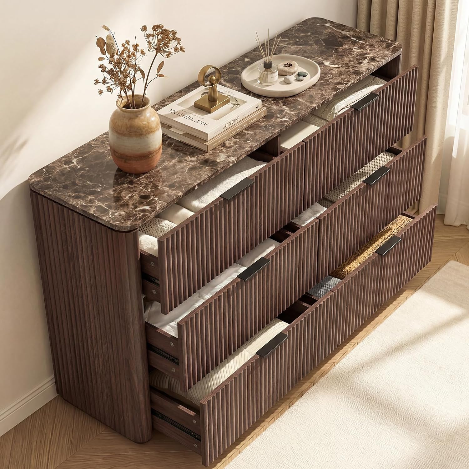 Dresser for Bedroom with 6 Drawers, 54'W Chest of Drawers, Fluted Dresser with Faux Marble Top, Curved Profile Design, Metal Handle, Wood Closet Storage Organizer for Living Room, Hallway, Dark Oak
