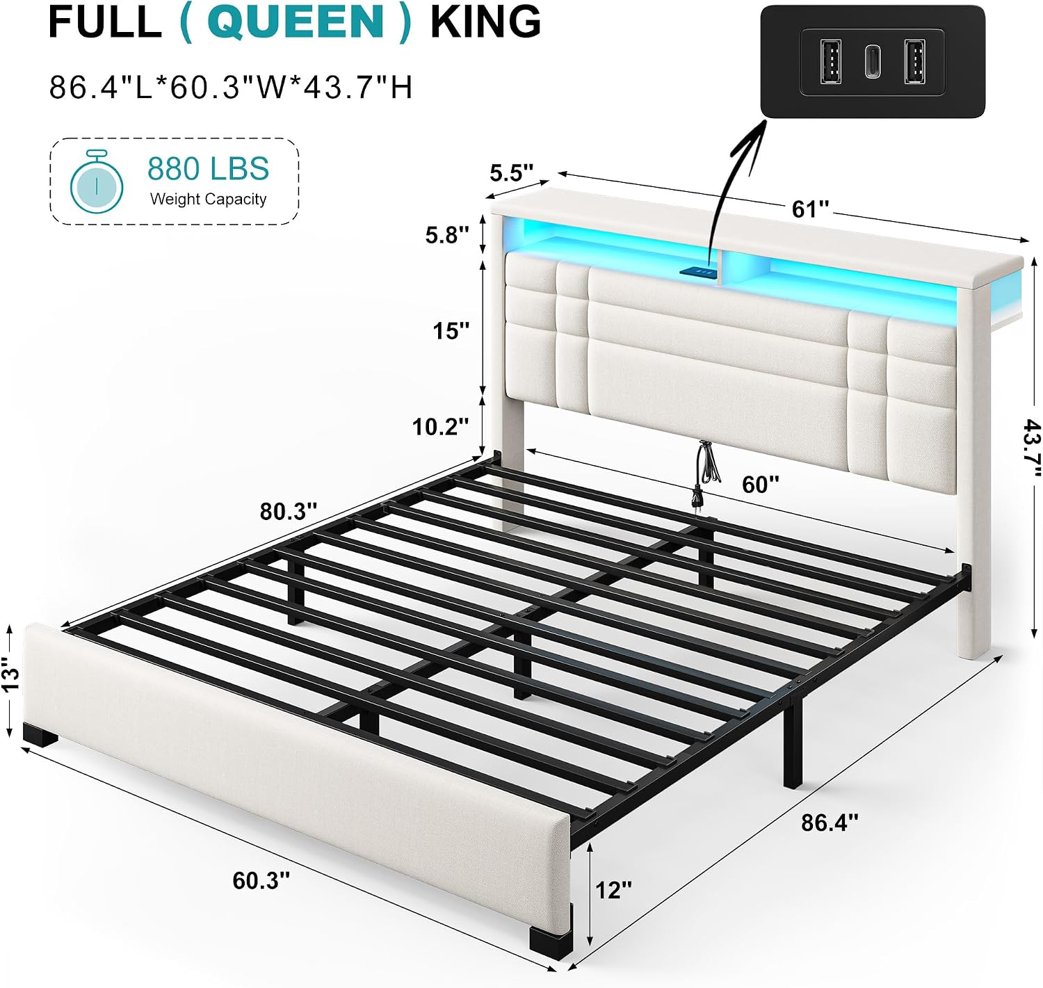 EnHomee Queen Bed Frame with Headboard Upholstered Platform Bed Frame Queen with LED Lights & Charge Station,Wood Slats Support,No Box Spring Needed,Beige