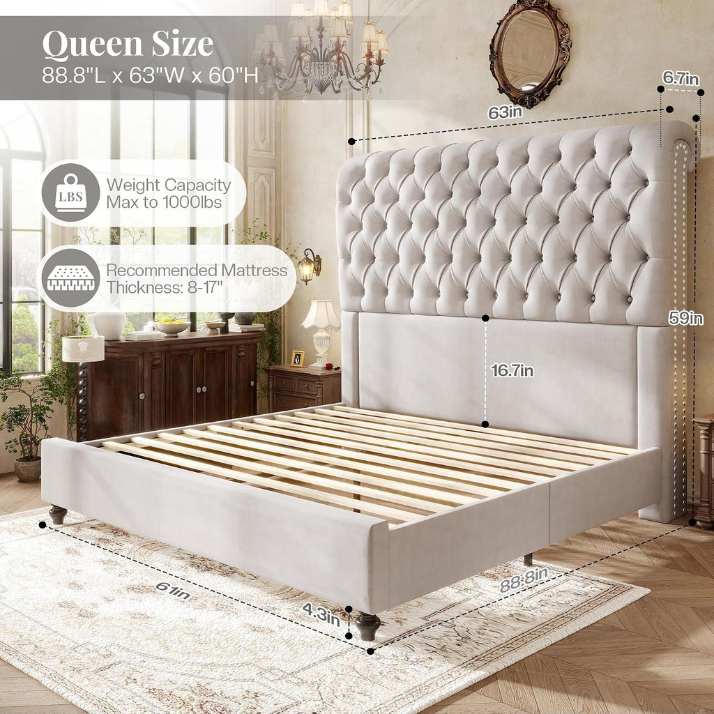 Jocisland Queen Size Bed Frame with 59' Tall Upholstered Headboard, Luxury Velvet Bed with Handcrafted Deep-Tufted Design and Solid Wood Legs, Noise-Free Platform, No Box Spring Needed, Cream