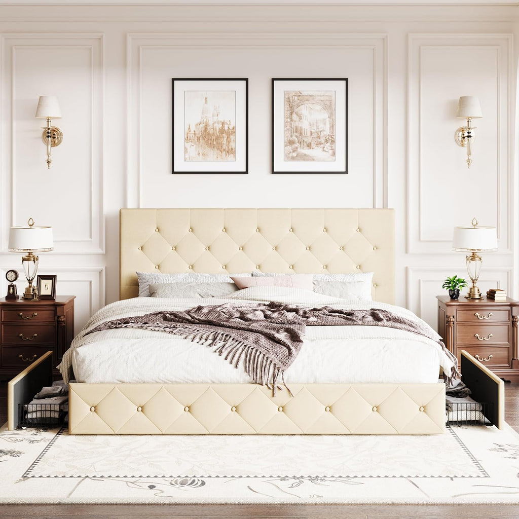 SHA CERLIN Upholstered King Size Platform Bed Frame with 4 Storage Drawers, Adjustable Headboard with Diamond Stitched Button Tufted Design, Wooden Slat Support, No Box Spring Needed, Beige