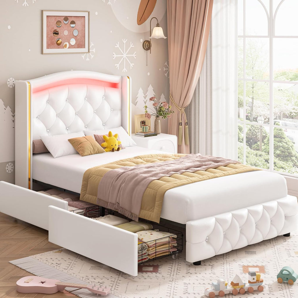 HIFIT Upholstered Twin LED Bed Frame with Crystal Button-Tufted Headboard & 4 Storage Drawer, Modern PU Princess Twin Size Platform Bed Frames for Kids/Girls, No Box Spring Needed/Easy Assembly, White