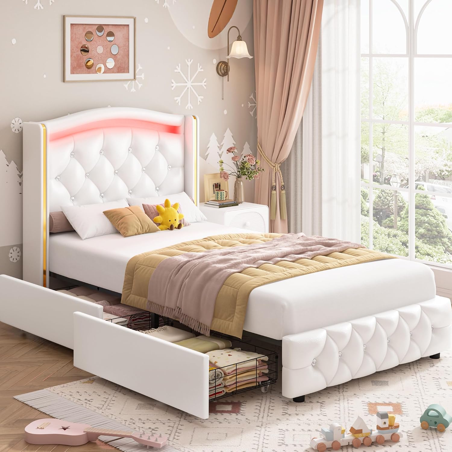 HIFIT Upholstered Twin LED Bed Frame with Crystal Button-Tufted Headboard & 4 Storage Drawer, Modern PU Princess Twin Size Platform Bed Frames for Kids/Girls, No Box Spring Needed/Easy Assembly, White