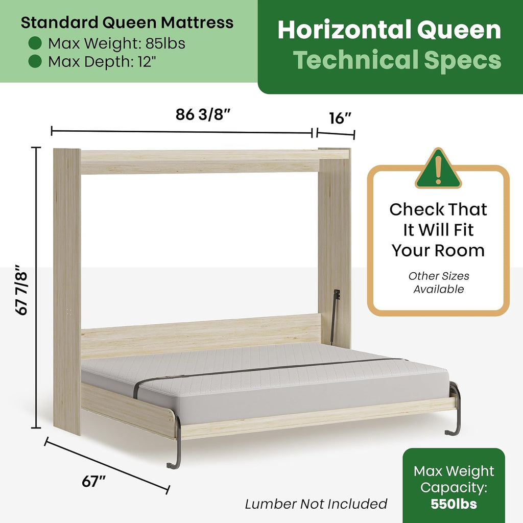 DIY Murphy Bed Kit Queen Horizontal | Murphy Bed Hardware for Wall Cabinet, Horizontal Queen Frame, Deluxe Mechanism Kit with Bonus Tools