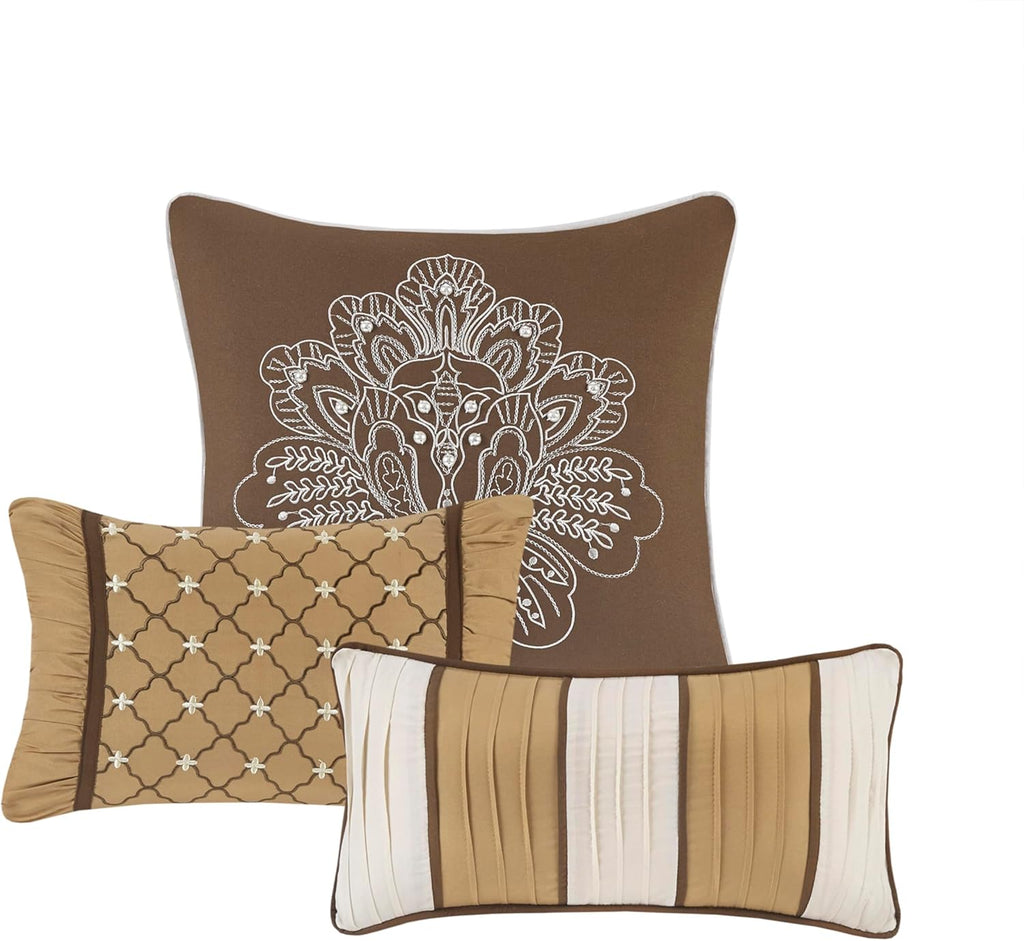 Madison Park Cozy Comforter Set - Luxurious Jaquard Traditional Damask Design, All Season Down Alternative Bedding with Matching Shams, Decorative Pillow Bellagio Brown/Gold Cal King(104'x92') 7 Piece
