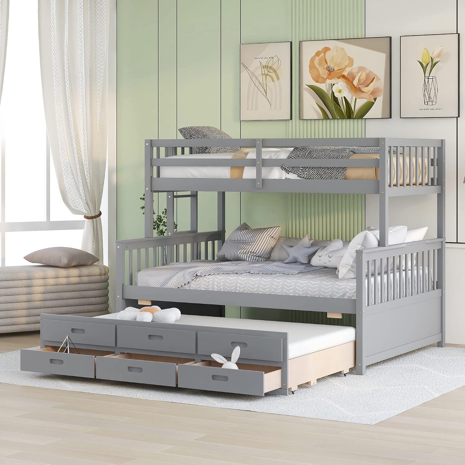 Harper & Bright Designs Twin Over Full Bunk Bed with Twin Size Trundle and 3 Storage Drawers, Solid Wood Bunk Bed Frame with Ladder, Grey