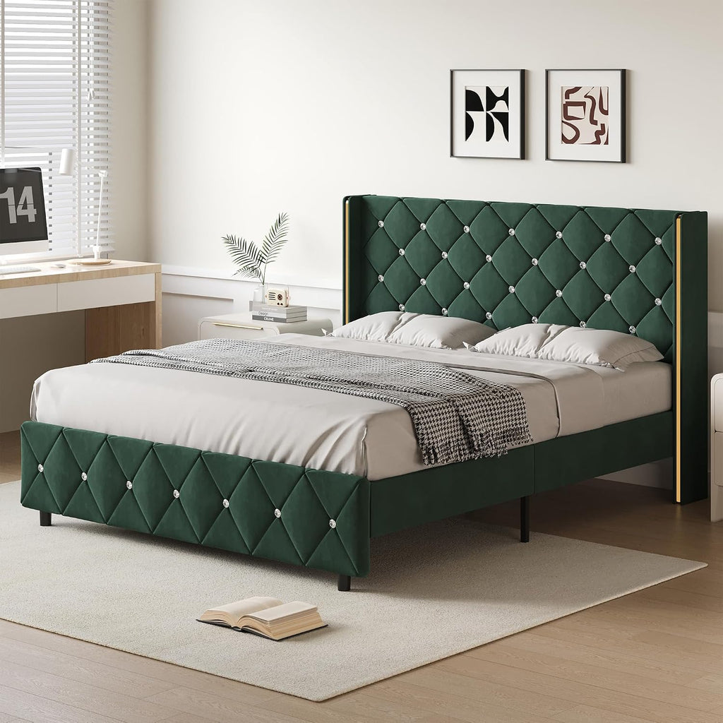 Lullabyre Full Size Bed Frame, Upholstered Bed Frame with Diamond Tufted Headboard, Modern Silverside Wingback, No Box Spring Needed, Easy Assembly, Green