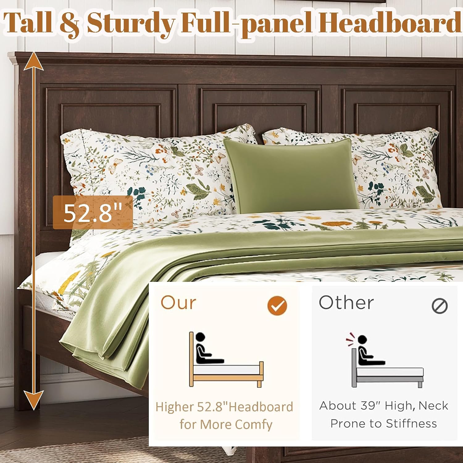 Mirightone Wood King Bed Frame with Tall Headboard and Footboard, Rustic King Panel Bed with Under Bed Storage, Farmhouse Style, Noise-Free, No Box Spring Needed, Antique Brown