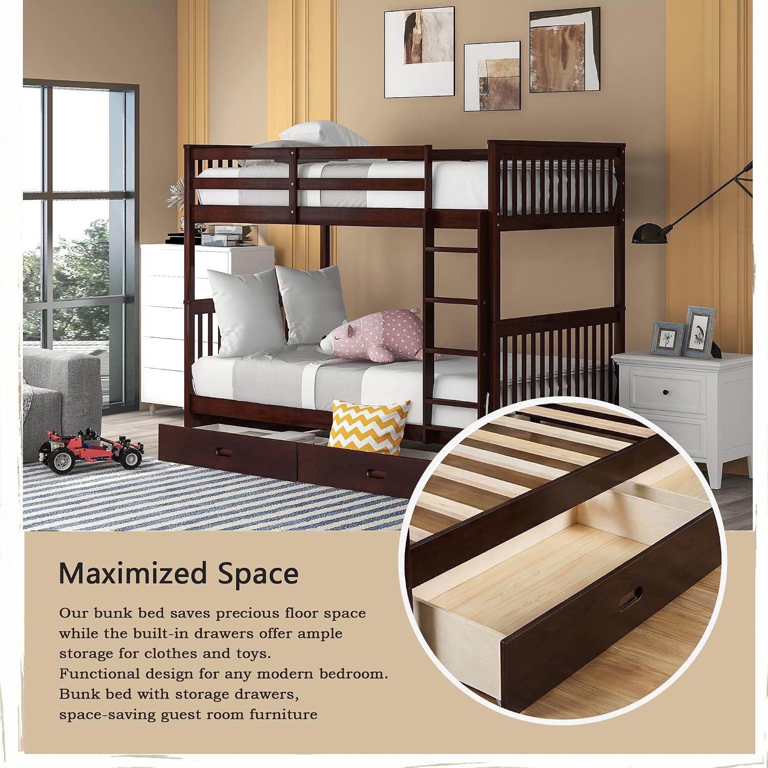 Harper & Bright Designs Full Over Full Bunk Bed with 2 Drawers, Solid Wood Platform Bed with Ladder, Full Length Guardrail and Headboard, No Spring Box Needed, Espresso