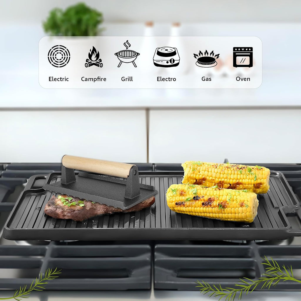 HeroFiber Cast Iron Reversible Grill/Griddle Set with Press, Scraper & Mitts - Pre-Seasoned, Non-Stick - 16.75'' x 9.5'' - Gas Stove, Grill, Camping, Outdoors, Black, OG7-18