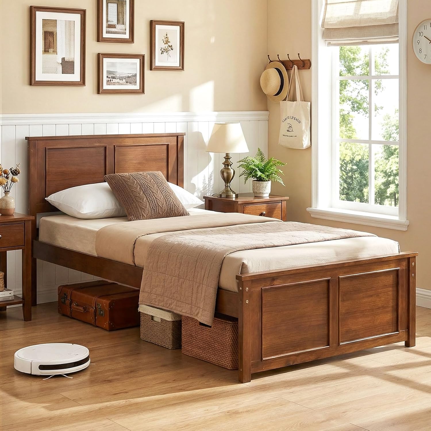 Giantex Wood Twin Bed Frames with Headboard, Farmhouse Solid Platform Bed w/Wooden Slat Support Mattress Foundation, Under-Bed Storage, No Box Spring Needed, Walnut