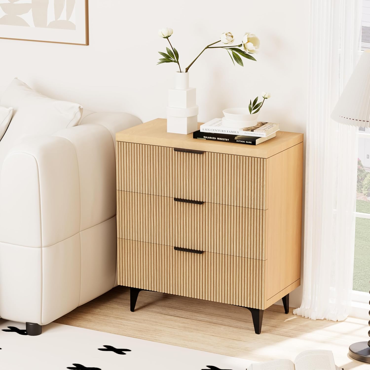 Royal Windsor Large Night Stand Fluted Nightstand with 3 Drawers, Side End Table with Storage, Modern Oversized Nightstands Bedside Table for Bedroom, Natural Oak