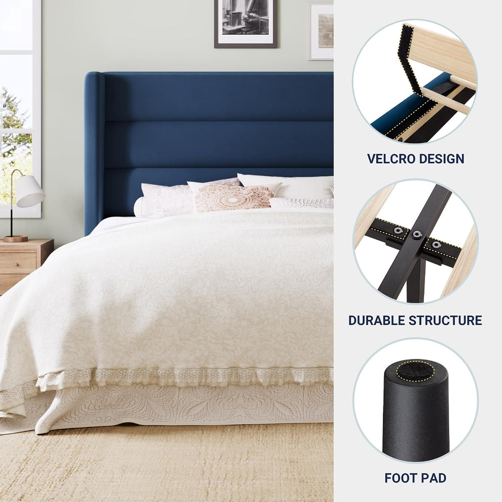 Allewie King Size Platform Bed Frame with Velvet Upholstered Wingback Headboard, No Box Spring Needed, Under Bed Storage Space, Wooden Slats, Modern Mattress Foundation, Easy Assembly, Blue