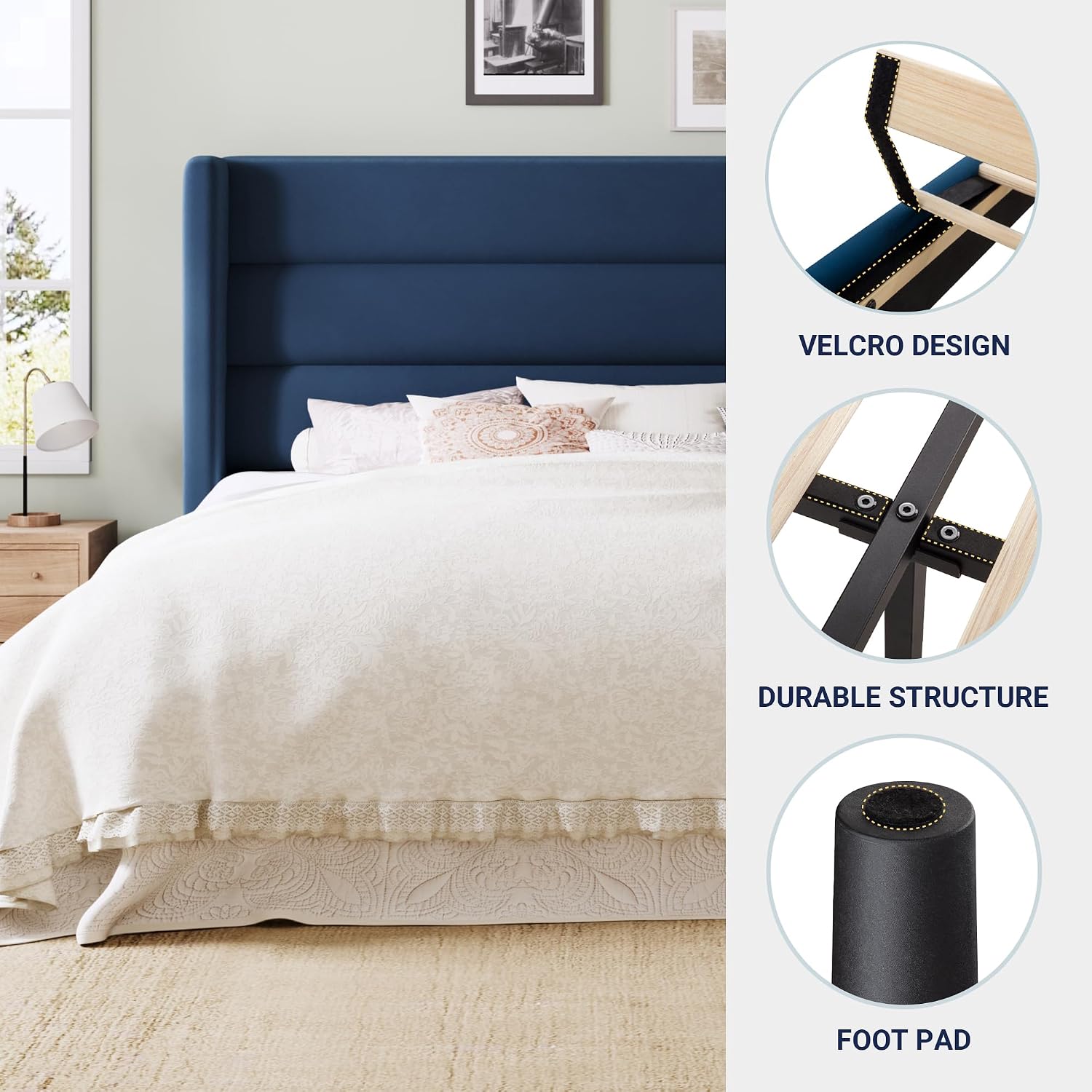 Allewie King Size Platform Bed Frame with Velvet Upholstered Wingback Headboard, No Box Spring Needed, Under Bed Storage Space, Wooden Slats, Modern Mattress Foundation, Easy Assembly, Blue
