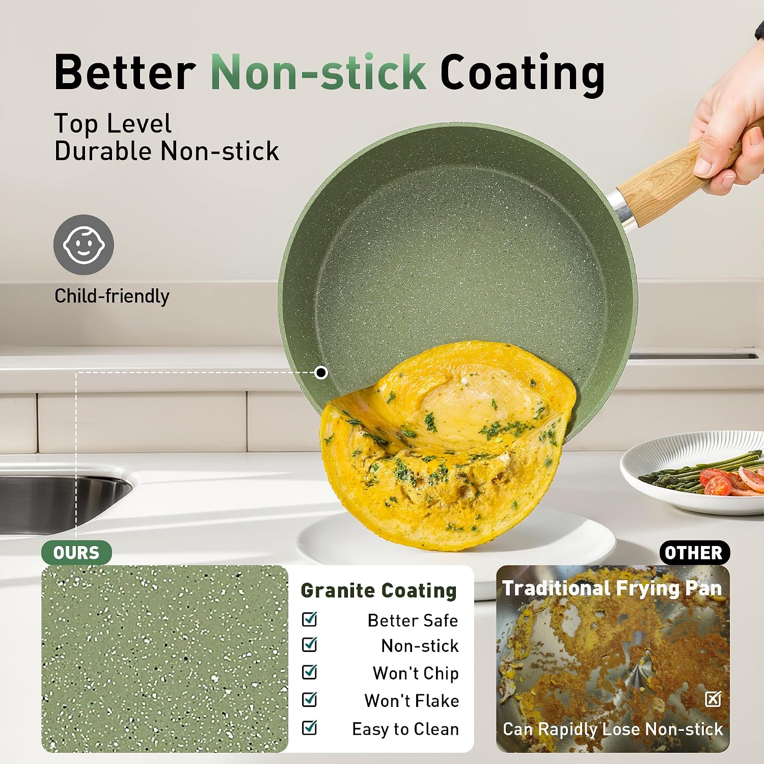 Kitchen Academy Pots and Pans Set Non Stick, 30 Pieces Induction Cookware and Bakeware, Green Granite Coating Cooking Sets