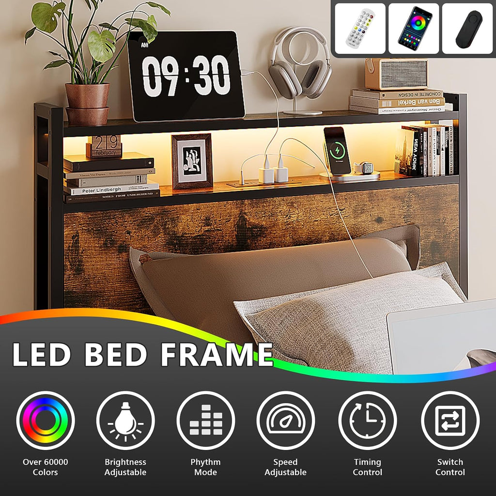 VINGLI Bed Frame Twin Size Set of 2with 4 Storage Drawers and Storage Headboard, Metal Platform with Charging Station and LED Lights, No Box Spring Needed, Easy Assembly, Vintage Brown