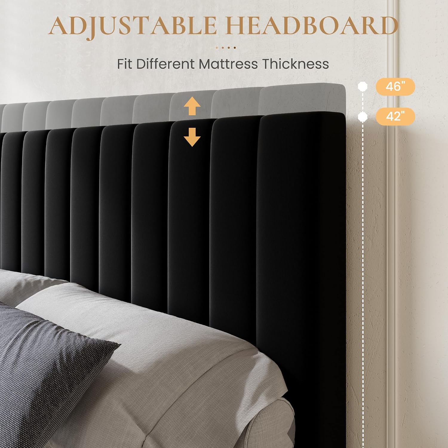 SHA CERLIN Full Size Platform Bed Frame with 4 Storage Drawers, Vertical Channel Tufted Adjustable Headboard, Velvet Upholstered, Wooden Slats Support, No Box Spring Needed, Easy Assembly, Black