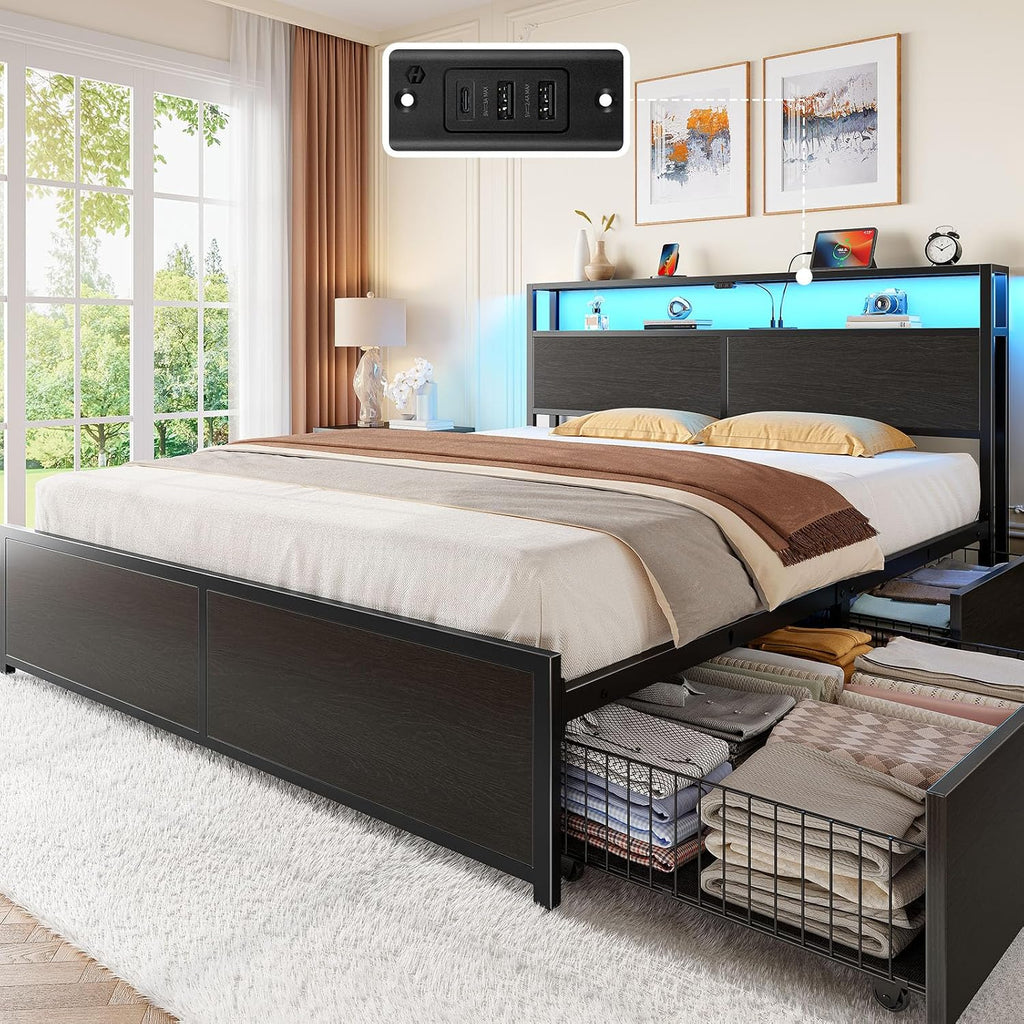 Rolanstar Queen Bed Frame with 4 Storage Drawers, Charging Station and LED Lights, Metal Platform Bed with 2-Tier Storage Headboard, No Box Spring Needed, Easy Assembly, Noise-Free, Black
