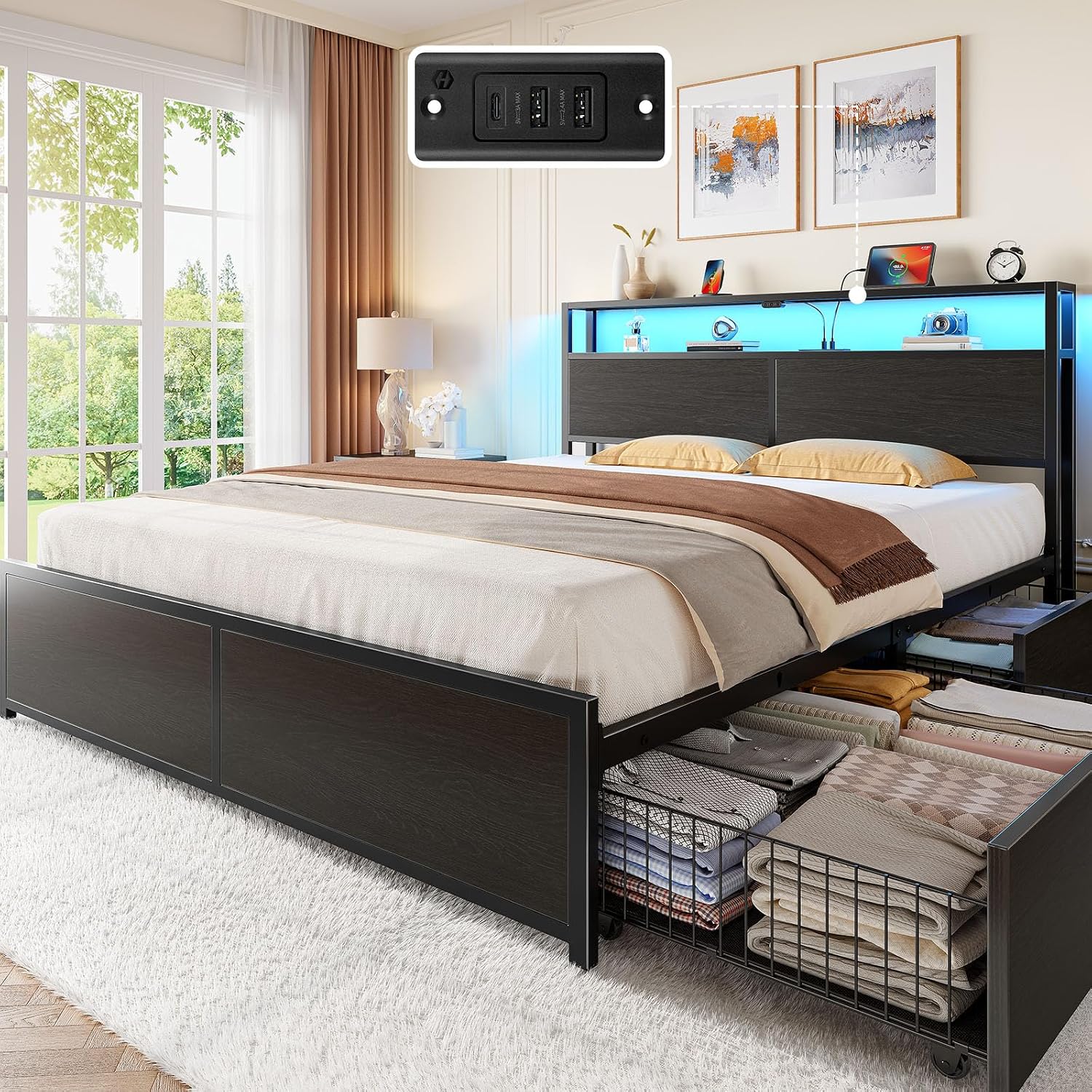 Rolanstar Queen Bed Frame with 4 Storage Drawers, Charging Station and LED Lights, Metal Platform Bed with 2-Tier Storage Headboard, No Box Spring Needed, Easy Assembly, Noise-Free, Black