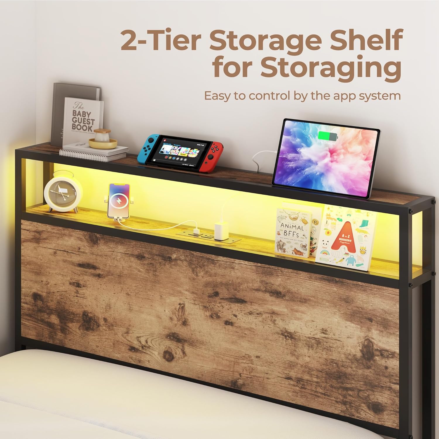 PHGLL Twin Bed Frame with 2-Tier Storage Headboard, Twin Size Metal Bed Frame with 2 Storage Drawers, 3-in-1 Charging Station & RGB LED, Noise-Free/Metal Support/No Box Spring Needed, Rustic Brown